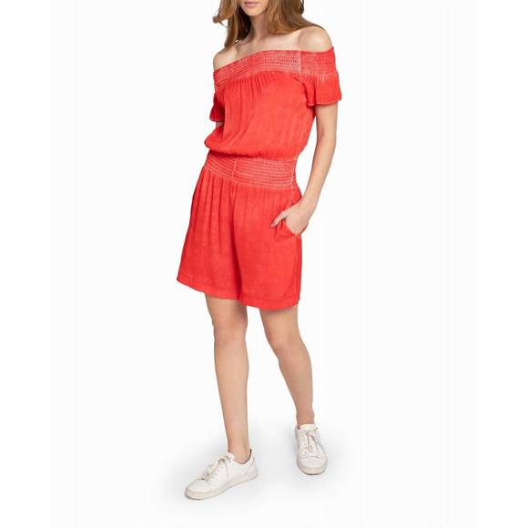 NEW NICOLE MILLER garment dyed off the shoulder romper in poppy - Picture 3 of 3